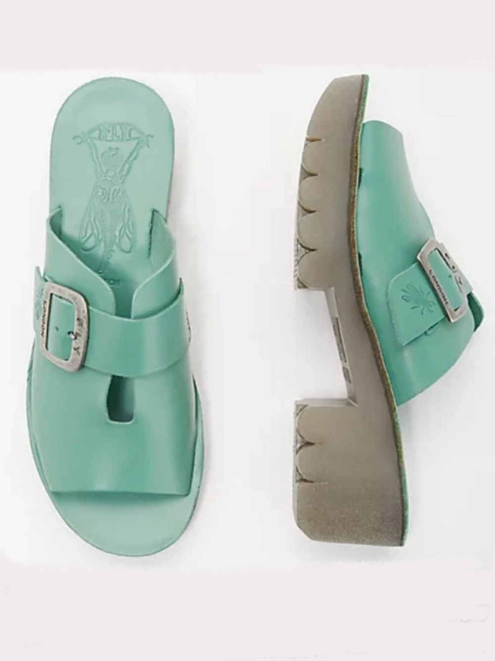 Fly London Cozy Mint Green Mules